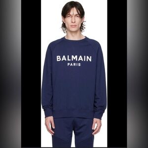 Balmain Paris Blue Logo Spellout Pullover Sweatshirt in navy blue